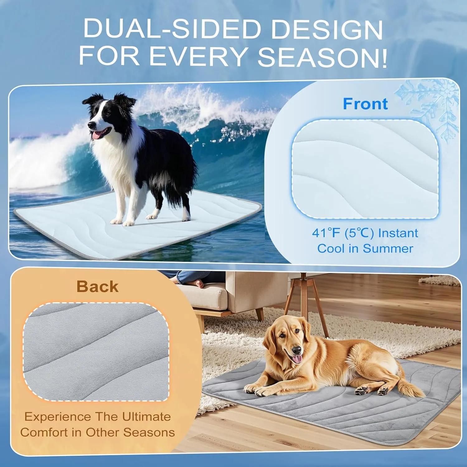 Cozyide Dog Cooling Mat, Large Cooling Mat for Dogs, Reversible Pad for Dog, 40" L x 28" W,Ocean Blue
