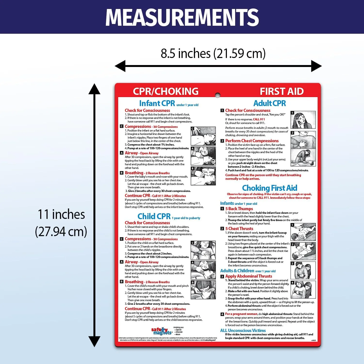 CPR & Choking Fridge Magnet (2 Pack)  First Aid Instructions for Infants, Children, & Adults  Heimlich Maneuver Laminated Card 8.5" x 11"  by Safety Magnets