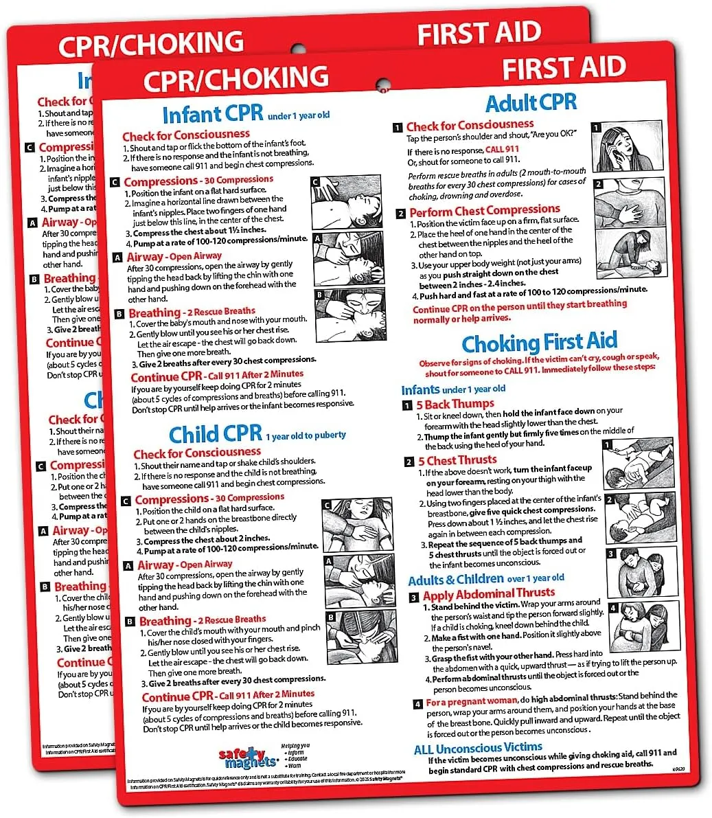 CPR & Choking Fridge Magnet (2 Pack)  First Aid Instructions for Infants, Children, & Adults  Heimlich Maneuver Laminated Card 8.5" x 11"  by Safety Magnets