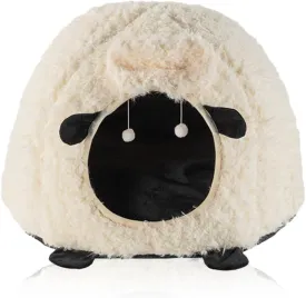 Cute Cat Bed Cave for Indoor Sheep Shaped Pet Plush House Self-Warming Nest Small Dogs Rabbits with Removable Cushion for Puppy Bed with Hanging Toy