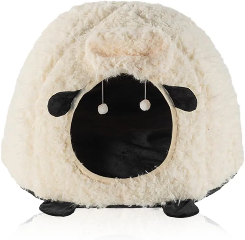 Cute Cat Bed Cave for Indoor Sheep Shaped Pet Plush House Self-Warming Nest Small Dogs Rabbits with Removable Cushion for Puppy Bed with Hanging Toy