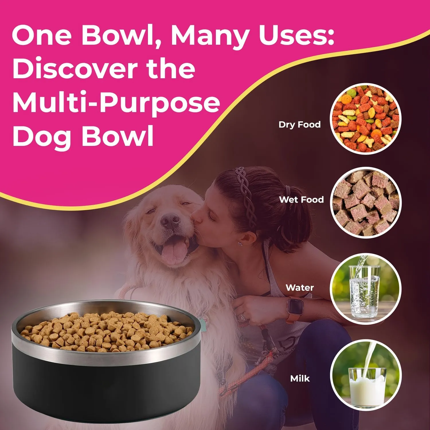 Dog Bowl - Vacuum Insulated Keeps Water Cool, Non-Slip Base, Easy Clean Interior, Durable Stainless Steel, Multiple Colors, Ideal for Travel, 32 Oz - Pet Bowl (Pink)