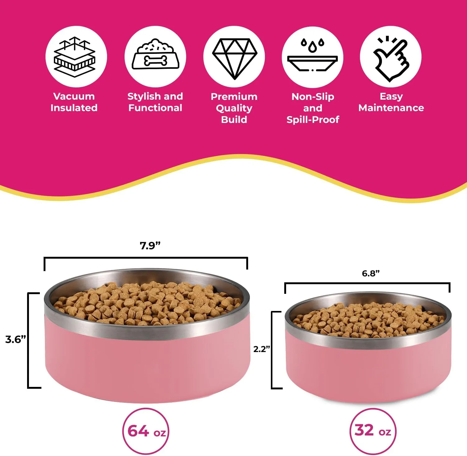 Dog Bowl - Vacuum Insulated Keeps Water Cool, Non-Slip Base, Easy Clean Interior, Durable Stainless Steel, Multiple Colors, Ideal for Travel, 32 Oz - Pet Bowl (Pink)