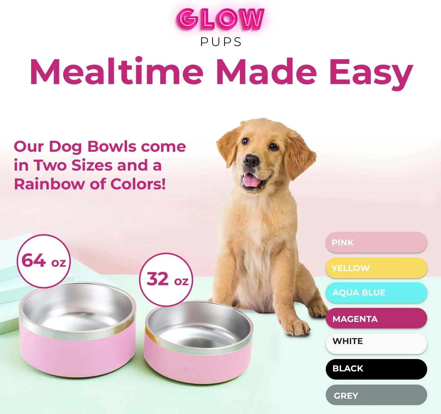 Dog Bowl - Vacuum Insulated Keeps Water Cool, Non-Slip Base, Easy Clean Interior, Durable Stainless Steel, Multiple Colors, Ideal for Travel, 32 Oz - Pet Bowl (Pink)