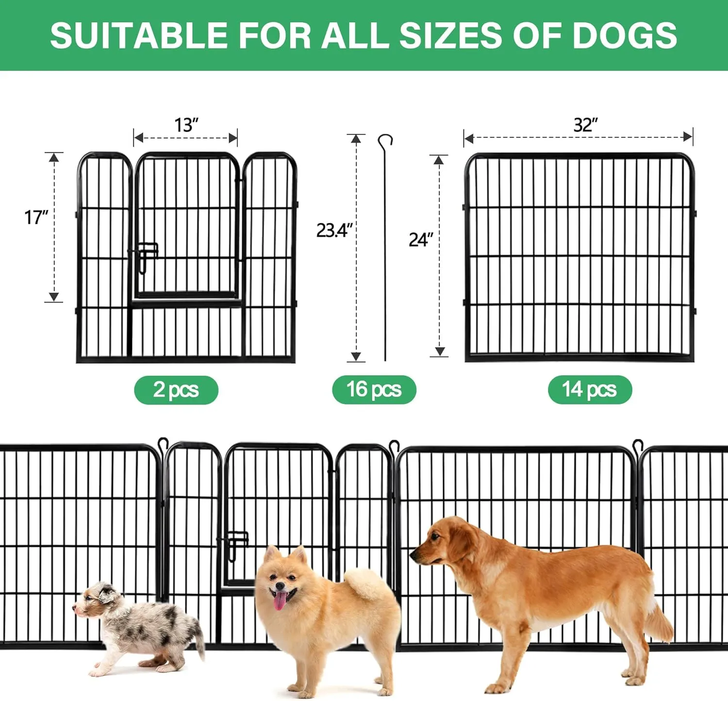 Dog Pen Pet Playpen Kennel Fence Outdoor Indoor Play Yard Puppy Exercise Barrier 31'' W x 24'' H 16 Panels (16 Panels, 24 Inches)