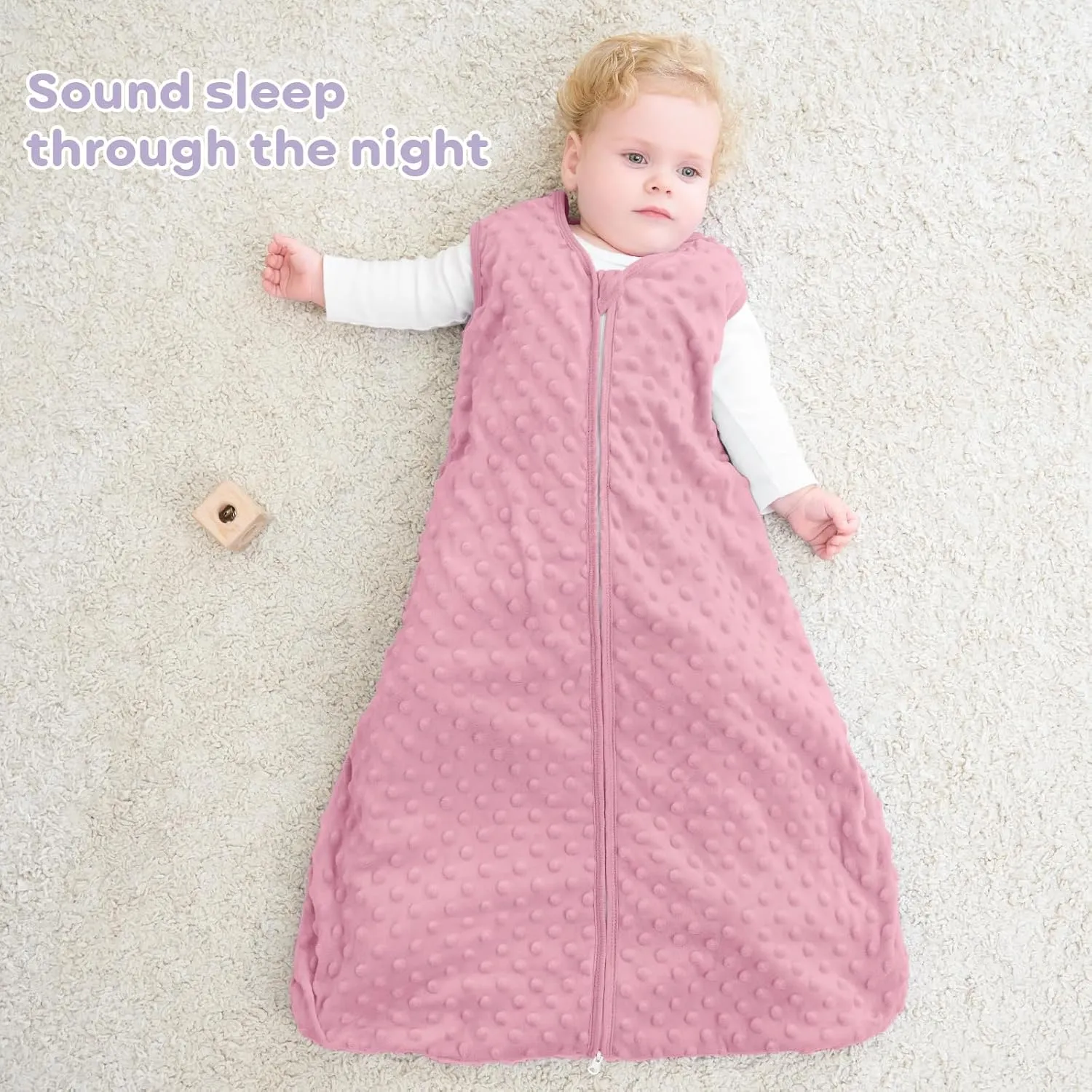 Fleece Baby Sleep Sack 6-12 Months, 1.5 TOG Cotton Baby Wearable Blanket With Soft Plush Dots, 2 Pack Newborn and Infant Warm Sleeping Sack with 2-Way Zipper Pink&Purple