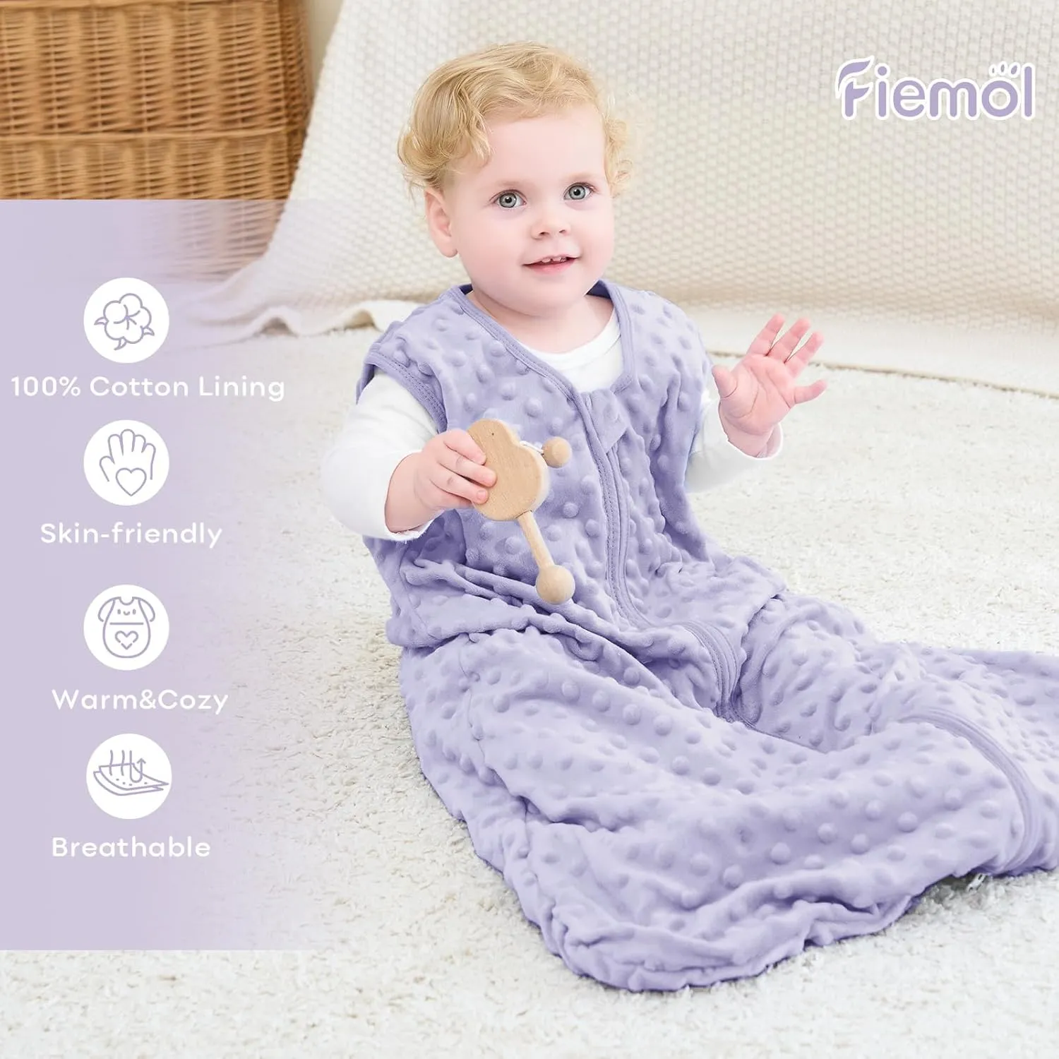Fleece Baby Sleep Sack 6-12 Months, 1.5 TOG Cotton Baby Wearable Blanket With Soft Plush Dots, 2 Pack Newborn and Infant Warm Sleeping Sack with 2-Way Zipper Pink&Purple