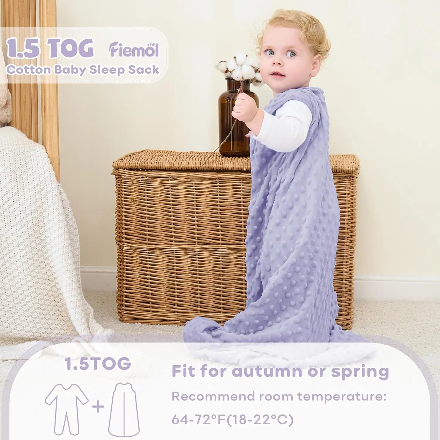Fleece Baby Sleep Sack 6-12 Months, 1.5 TOG Cotton Baby Wearable Blanket With Soft Plush Dots, 2 Pack Newborn and Infant Warm Sleeping Sack with 2-Way Zipper Pink&Purple