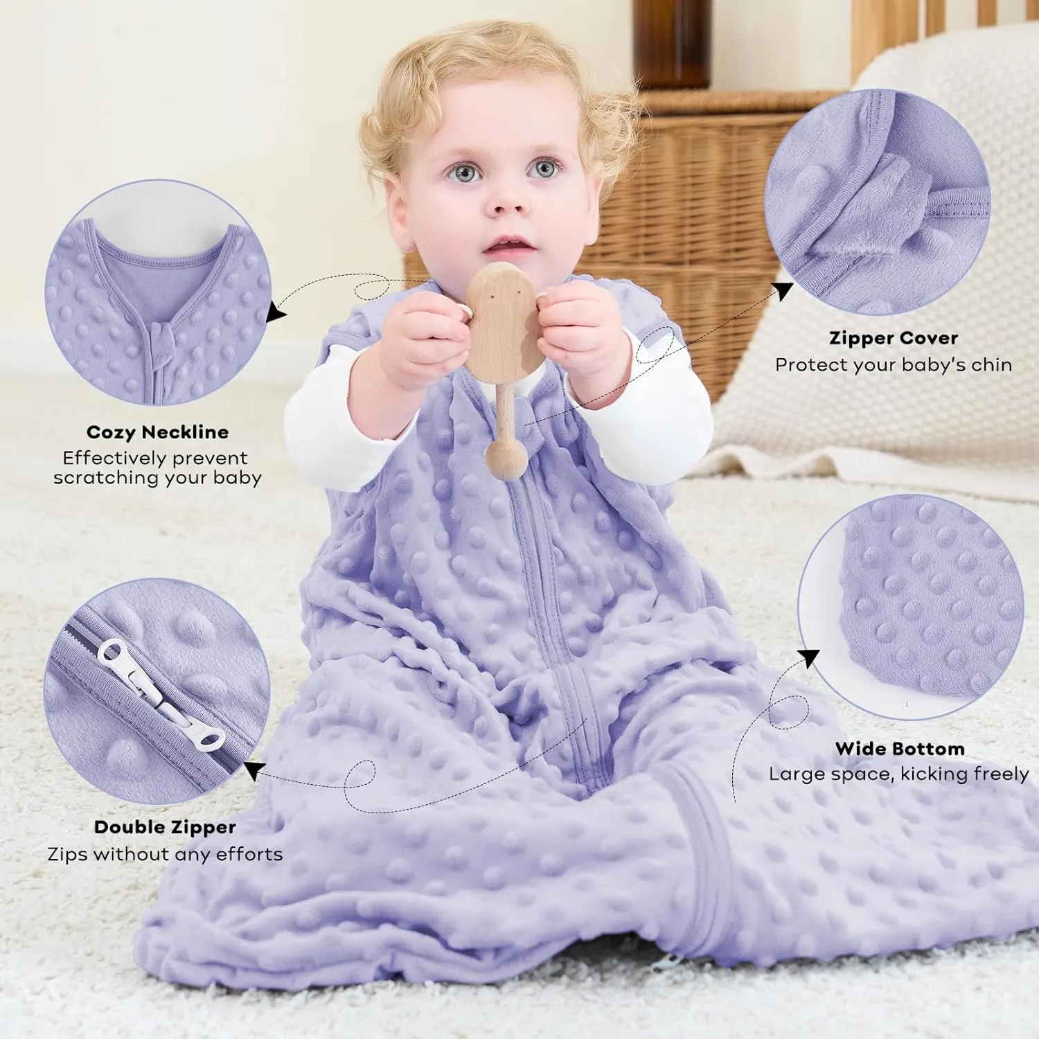 Fleece Baby Sleep Sack 6-12 Months, 1.5 TOG Cotton Baby Wearable Blanket With Soft Plush Dots, 2 Pack Newborn and Infant Warm Sleeping Sack with 2-Way Zipper Pink&Purple
