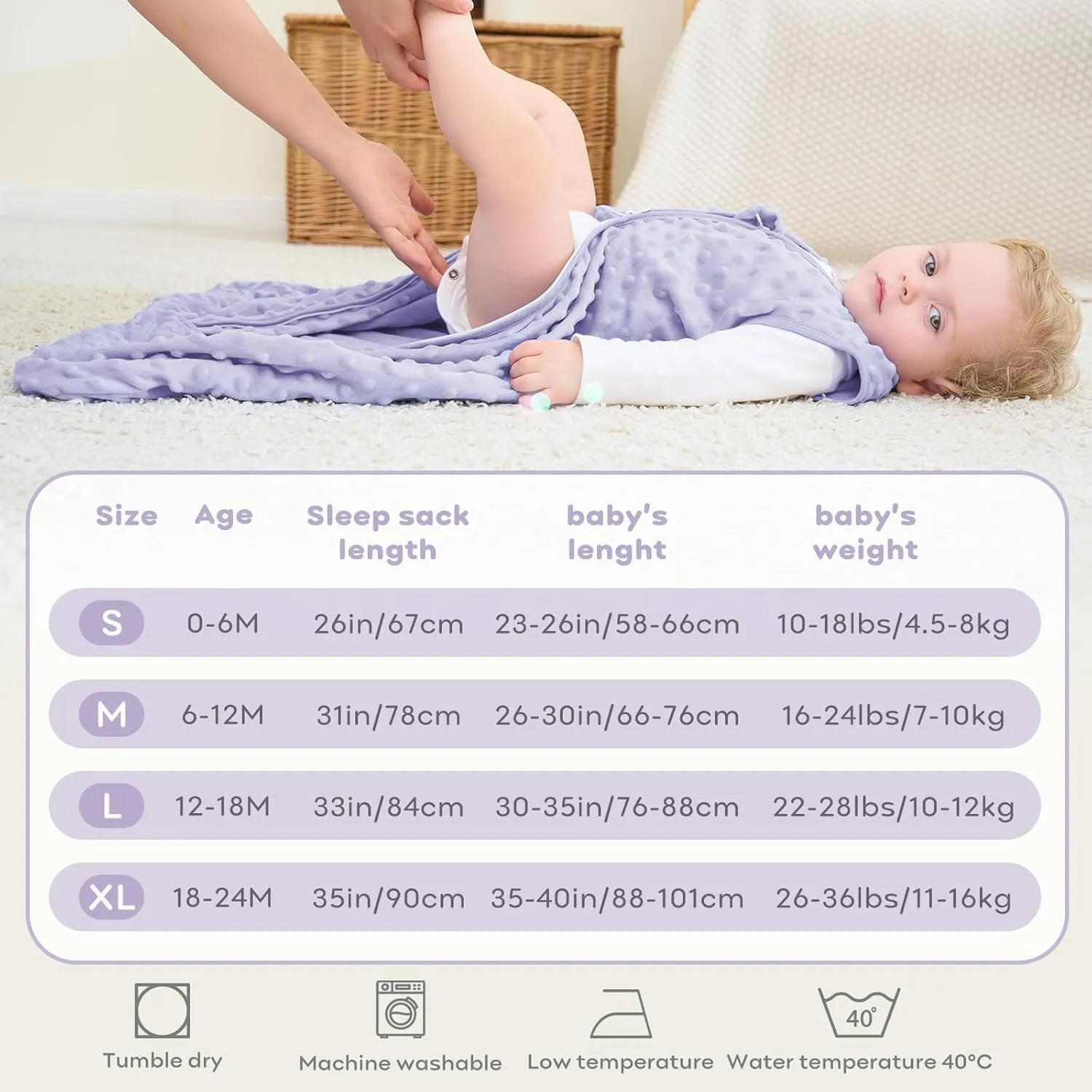 Fleece Baby Sleep Sack 6-12 Months, 1.5 TOG Cotton Baby Wearable Blanket With Soft Plush Dots, 2 Pack Newborn and Infant Warm Sleeping Sack with 2-Way Zipper Pink&Purple