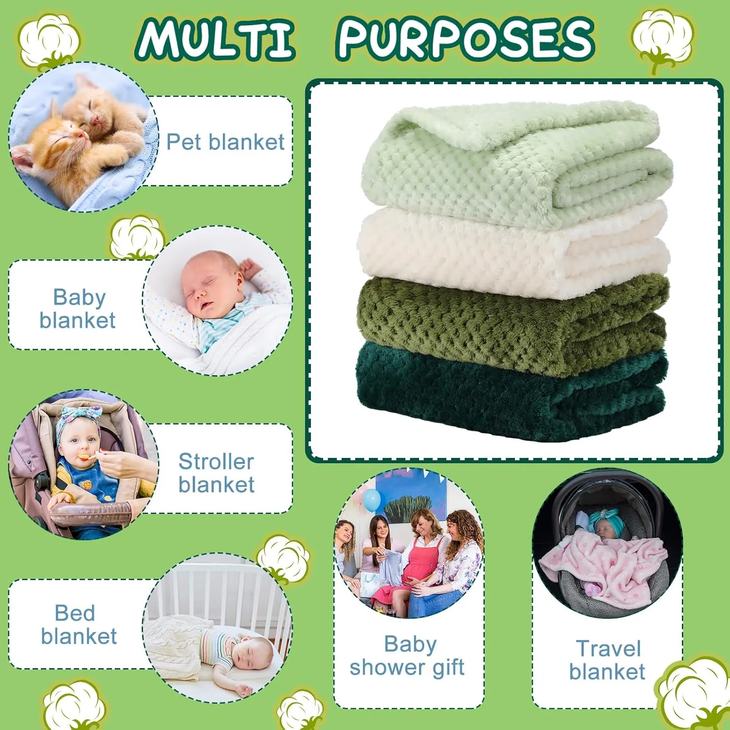 Frienda 4 Pcs Baby Fuzzy Blanket Fluffy Baby Blanket for Boys Girls Soft Warm Infant Newborn Toddler Receiving Nursery Bed Supplies, 32 x 24 Inch(Green Color)
