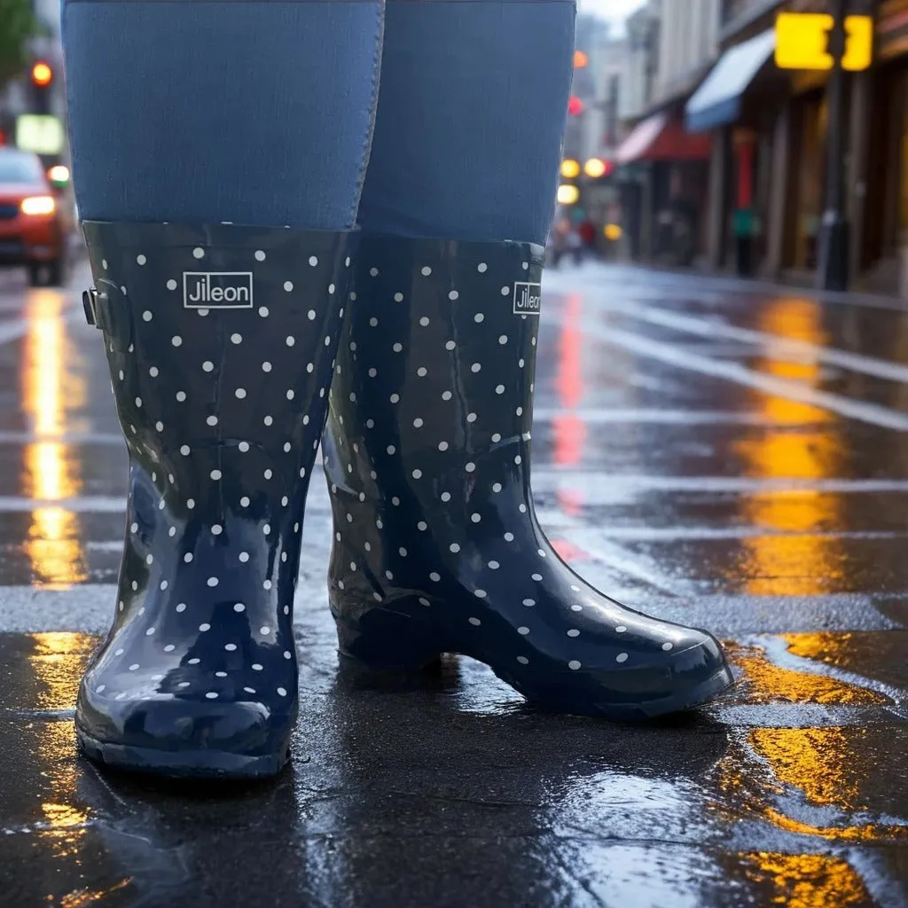 Half Height Navy Spot Rain Boots - Wide Foot and Ankle