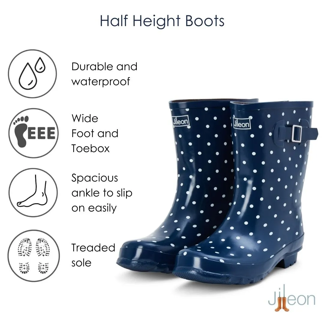 Half Height Navy Spot Rain Boots - Wide Foot and Ankle