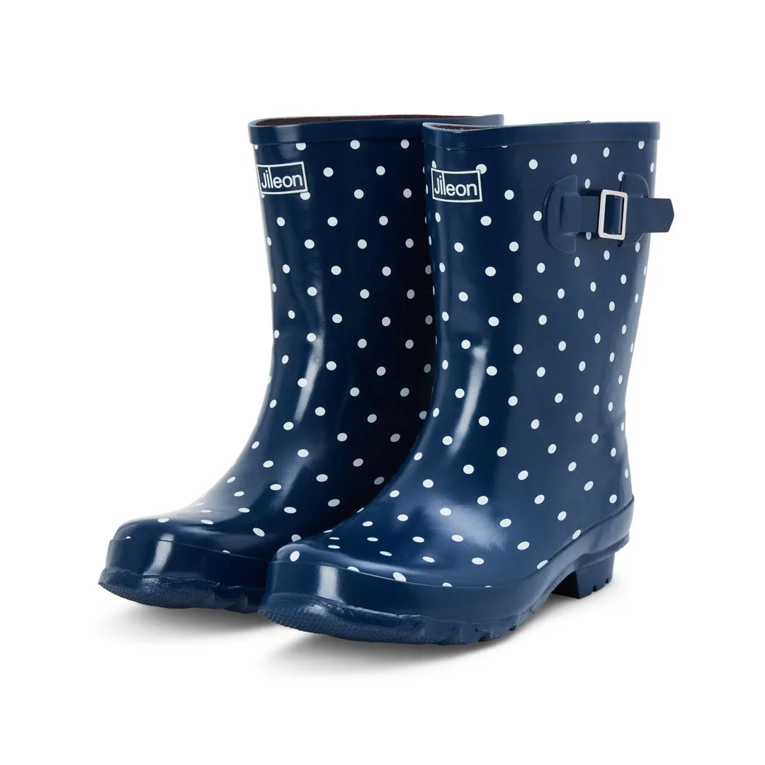 Half Height Navy Spot Rain Boots - Wide Foot and Ankle