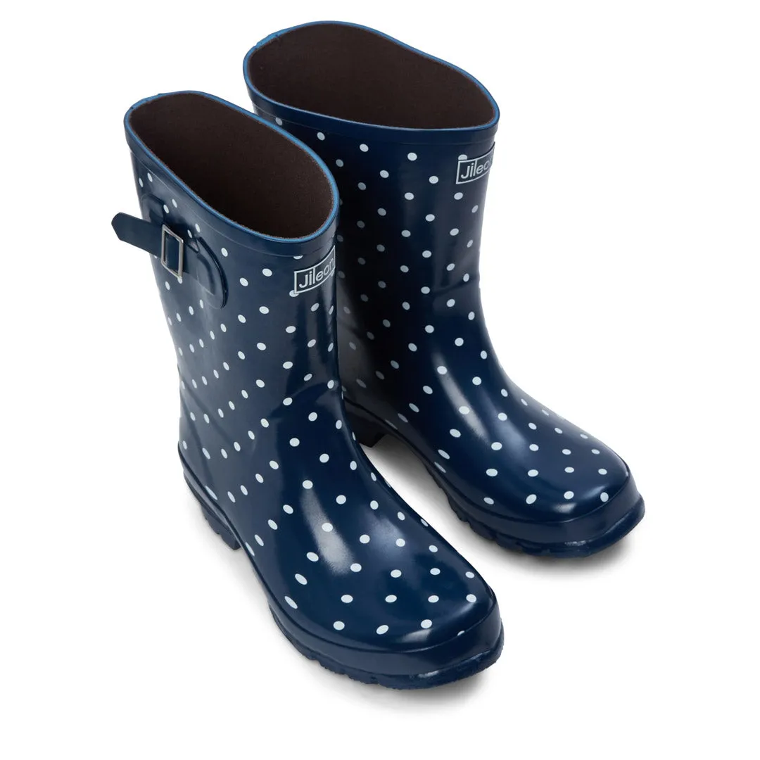 Half Height Navy Spot Rain Boots - Wide Foot and Ankle