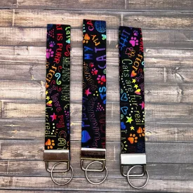 Handmade Cat Print Black and Neon 80s Colors Cat Power Purrfect 6" Fabric Key Fob Keyfob Keychain Wristlet Keys