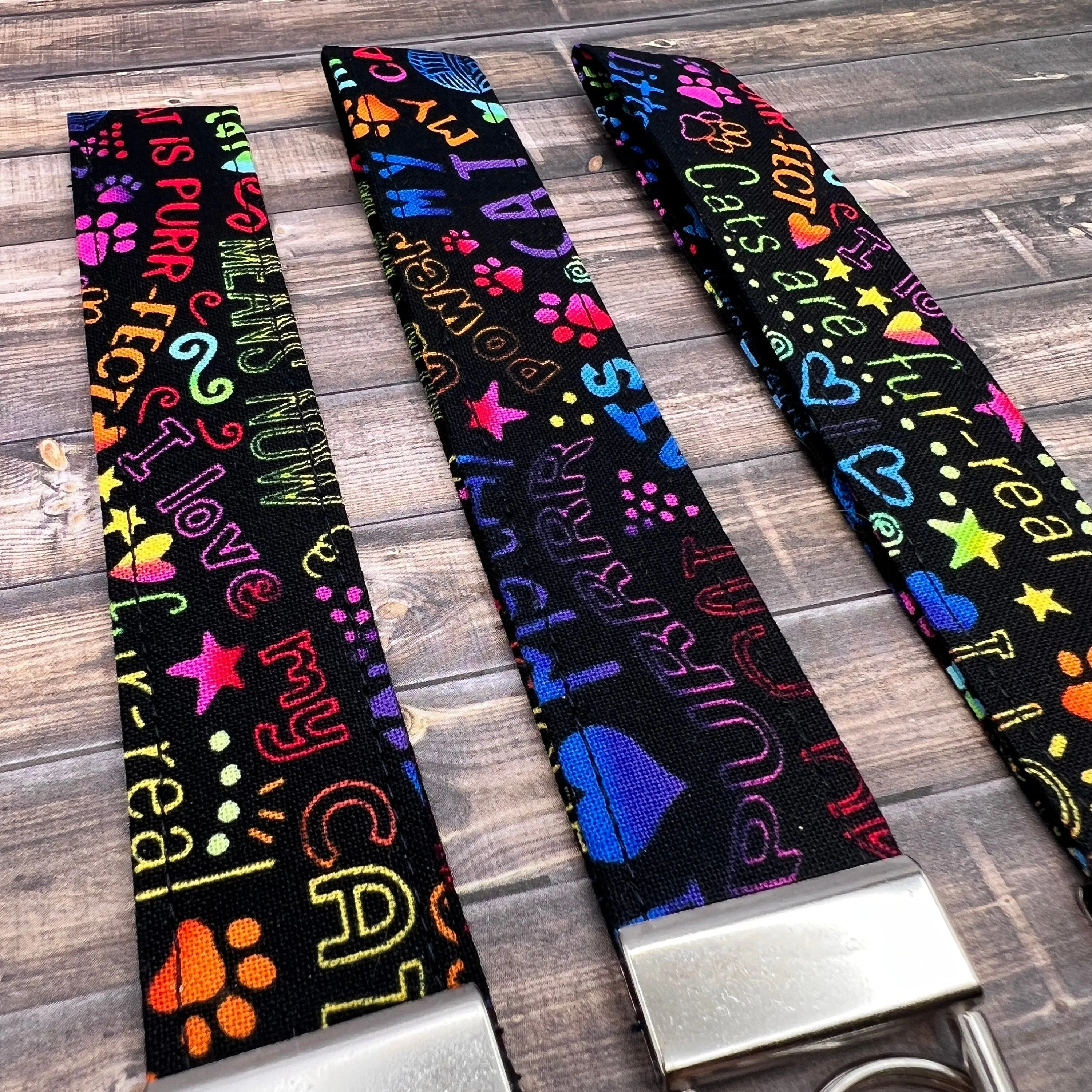 Handmade Cat Print Black and Neon 80s Colors Cat Power Purrfect 6" Fabric Key Fob Keyfob Keychain Wristlet Keys