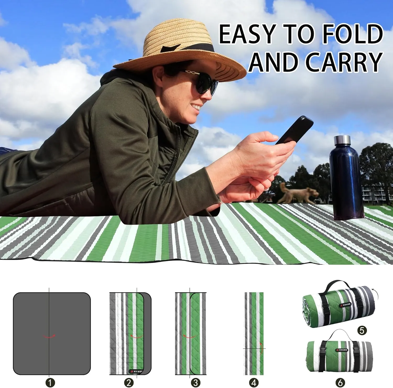 HX&OD Extra Large Picnic Blanket Outdoor 80x80 Waterproof Picnic Mat Foldable 3-Layer Camping Blanket Portable with Carry Strap Park Blanket for Grass(Green)