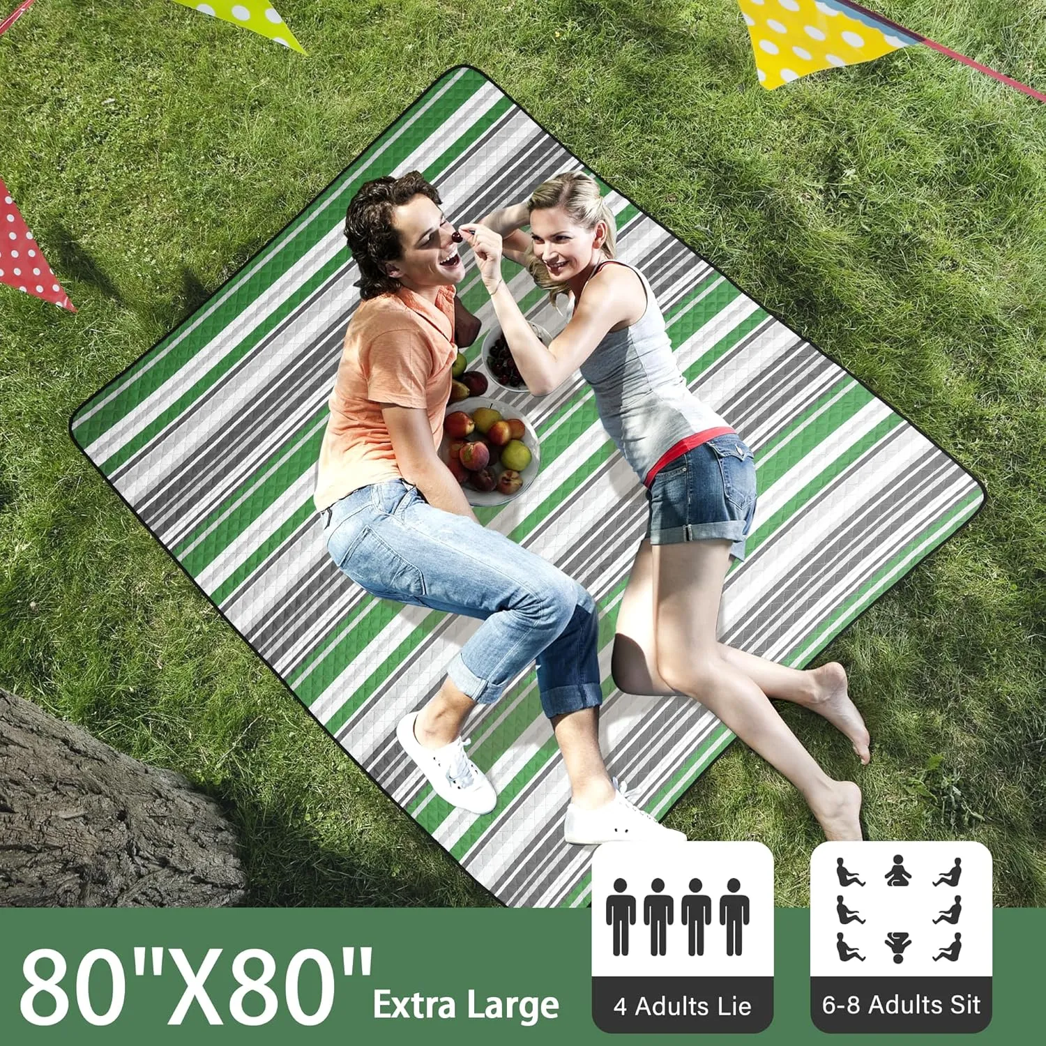 HX&OD Extra Large Picnic Blanket Outdoor 80x80 Waterproof Picnic Mat Foldable 3-Layer Camping Blanket Portable with Carry Strap Park Blanket for Grass(Green)