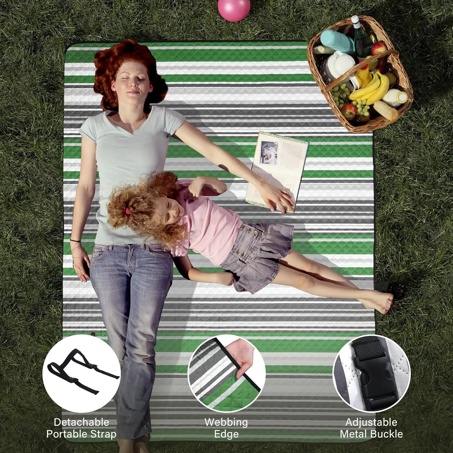 HX&OD Extra Large Picnic Blanket Outdoor 80x80 Waterproof Picnic Mat Foldable 3-Layer Camping Blanket Portable with Carry Strap Park Blanket for Grass(Green)