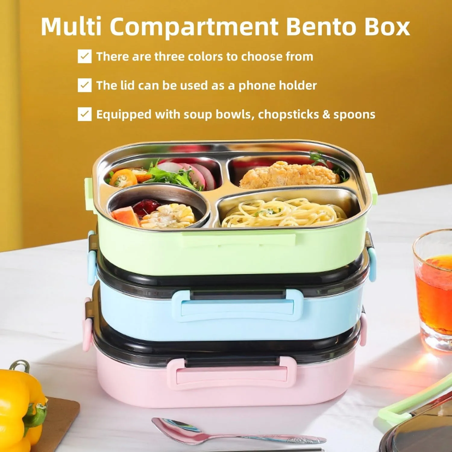 Insulated Lunch Boxes with a separate soup bowl,Stainless Steel Bento Box with Lid,4Grid Portable Box with Spoons,Chopsticks and Lunch Bag,Leakproof Lunchbox Set for Work Travel Camping (Pink, 1.5L)