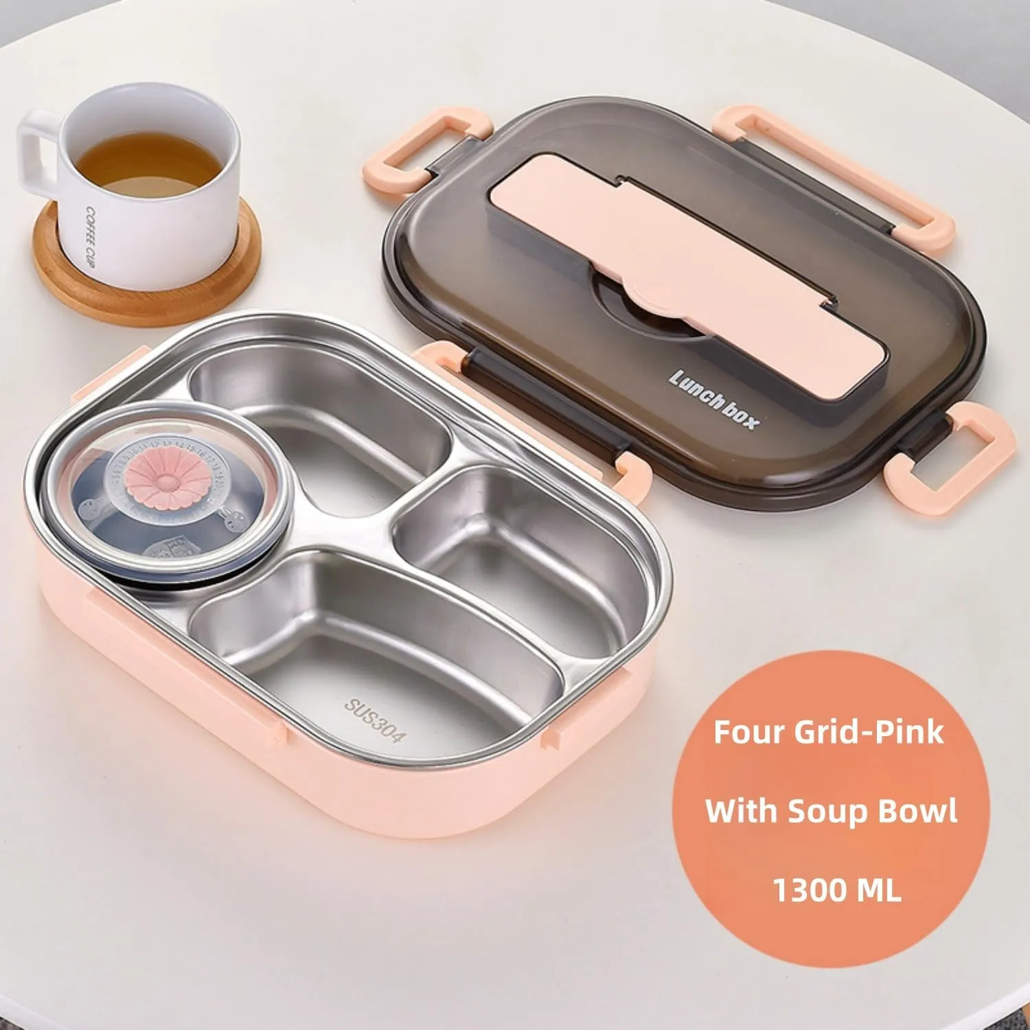 Insulated Lunch Boxes with a separate soup bowl,Stainless Steel Bento Box with Lid,4Grid Portable Box with Spoons,Chopsticks and Lunch Bag,Leakproof Lunchbox Set for Work Travel Camping (Pink, 1.5L)