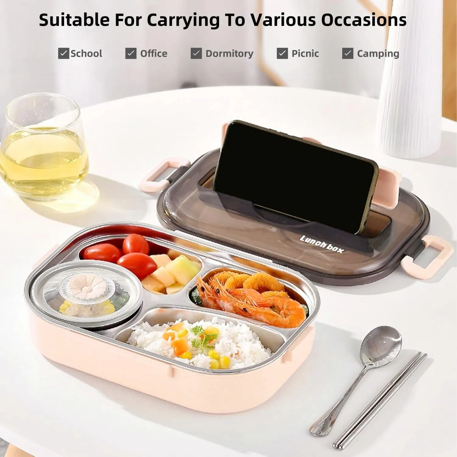 Insulated Lunch Boxes with a separate soup bowl,Stainless Steel Bento Box with Lid,4Grid Portable Box with Spoons,Chopsticks and Lunch Bag,Leakproof Lunchbox Set for Work Travel Camping (Pink, 1.5L)