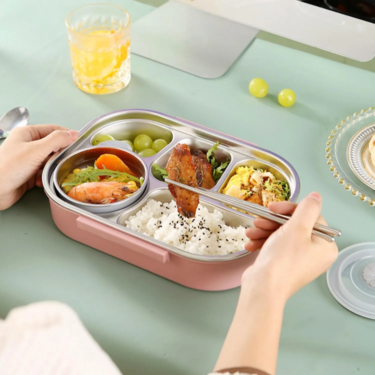 Insulated Lunch Boxes with a separate soup bowl,Stainless Steel Bento Box with Lid,4Grid Portable Box with Spoons,Chopsticks and Lunch Bag,Leakproof Lunchbox Set for Work Travel Camping (Pink, 1.5L)
