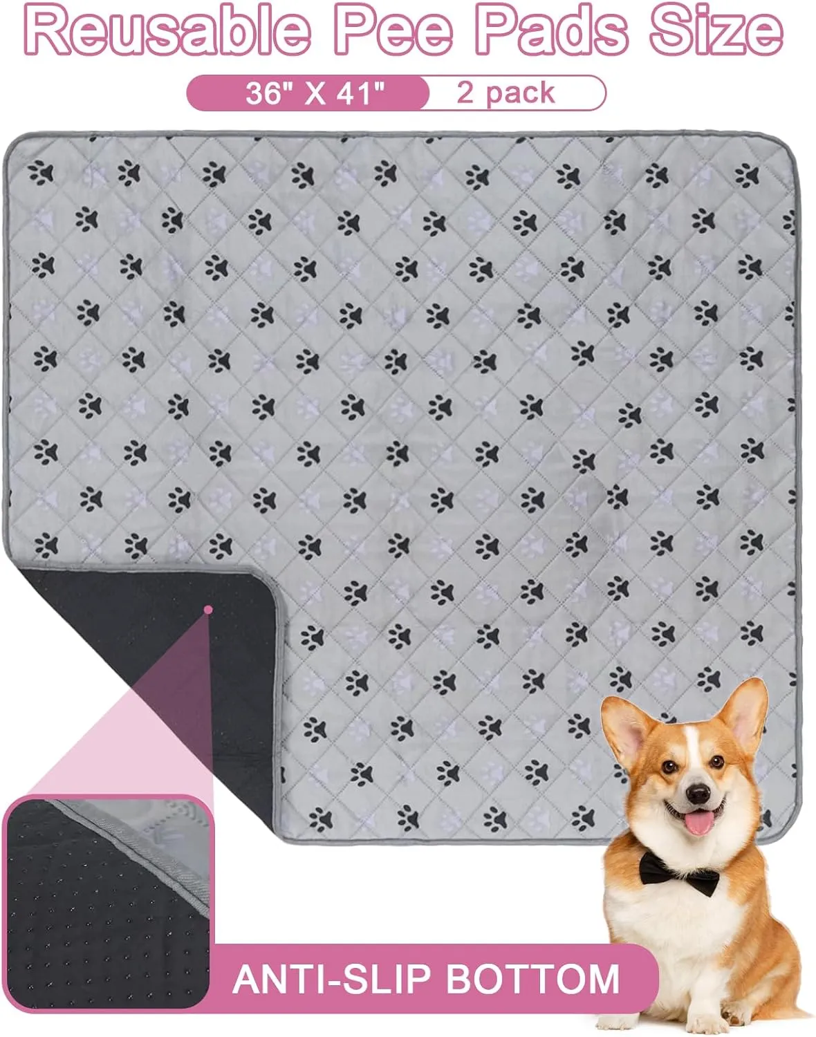 JERIA 2 Pack 36"x 41" Waterproof Non Slip Wee Wee padReusable Washable Pee Pads for DogsAbsorbent and Leakproof Training Mats for Potty, Bed, Sofa, Potty Training