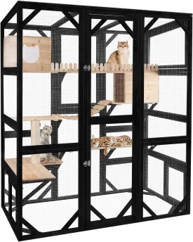 Large Cat Catio Outdoor Window Enclosure 73" Wooden Cat House Attached to Window Catio for Cats Walk in Kitty Kennel with Large Enter Door 2 Napping Houses