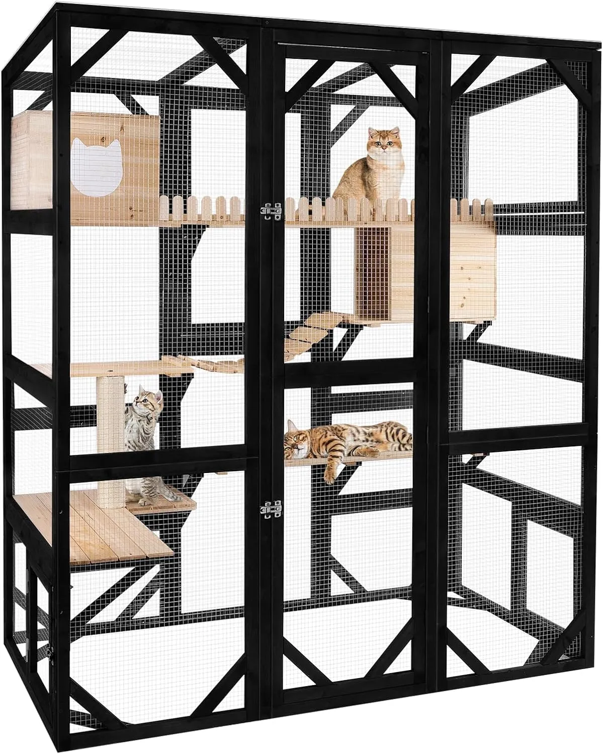 Large Cat Catio Outdoor Window Enclosure 73" Wooden Cat House Attached to Window Catio for Cats Walk in Kitty Kennel with Large Enter Door 2 Napping Houses