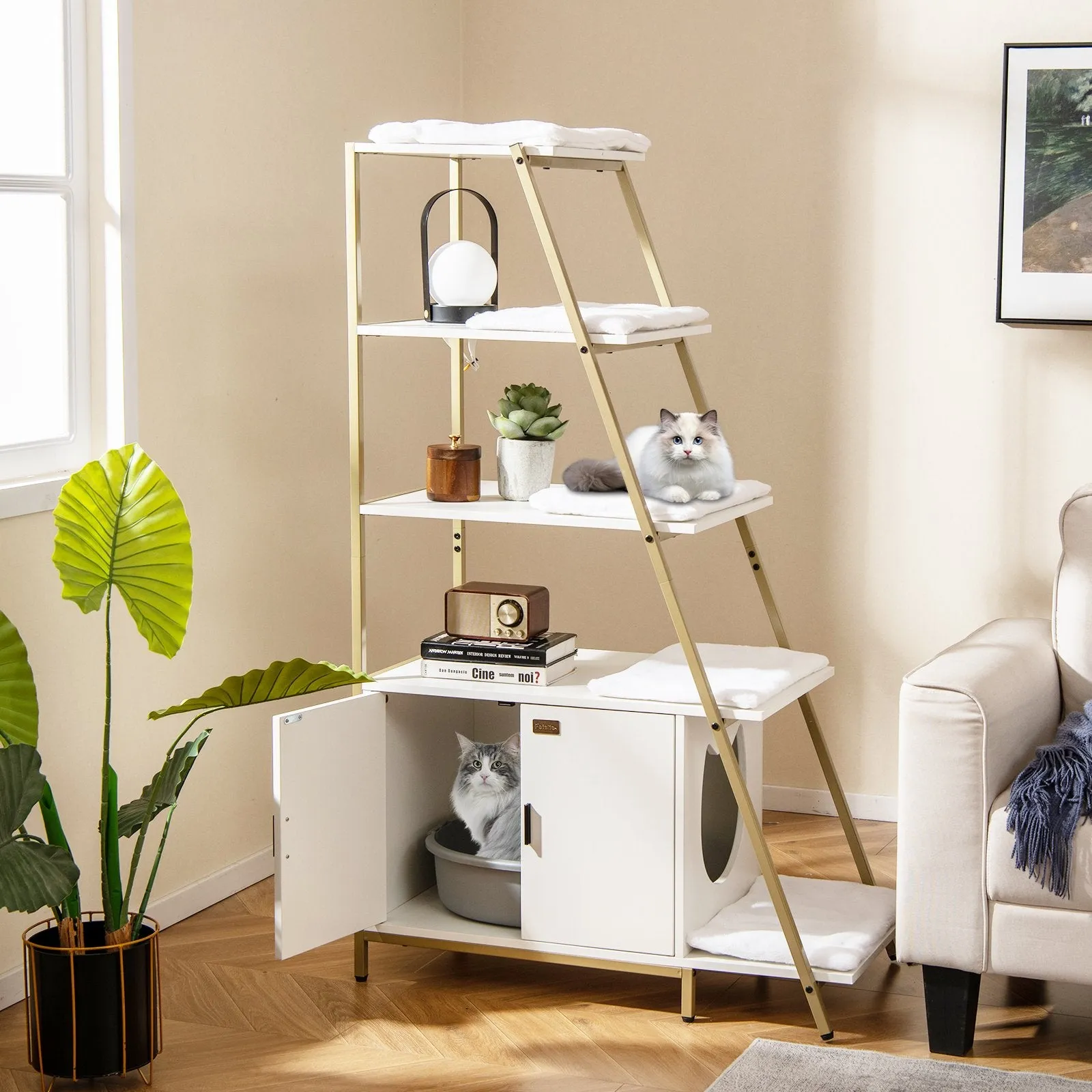 Large Cat Litter Box Enclosure with Storage and Removable Plush Mats-White