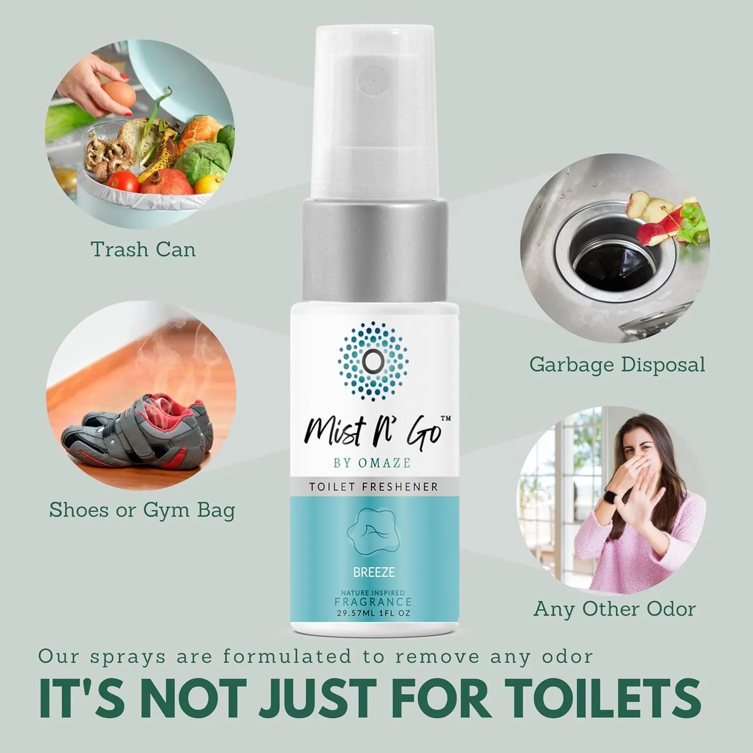 Mist N Go by Omaze Travel Bathroom Spray for Toilet Spray Odor Eliminator - Travel Toilet Spray for Bathroom Air Freshener Spray for Bathroom Deodorizer - Mix All, Travel Size (1oz x5)