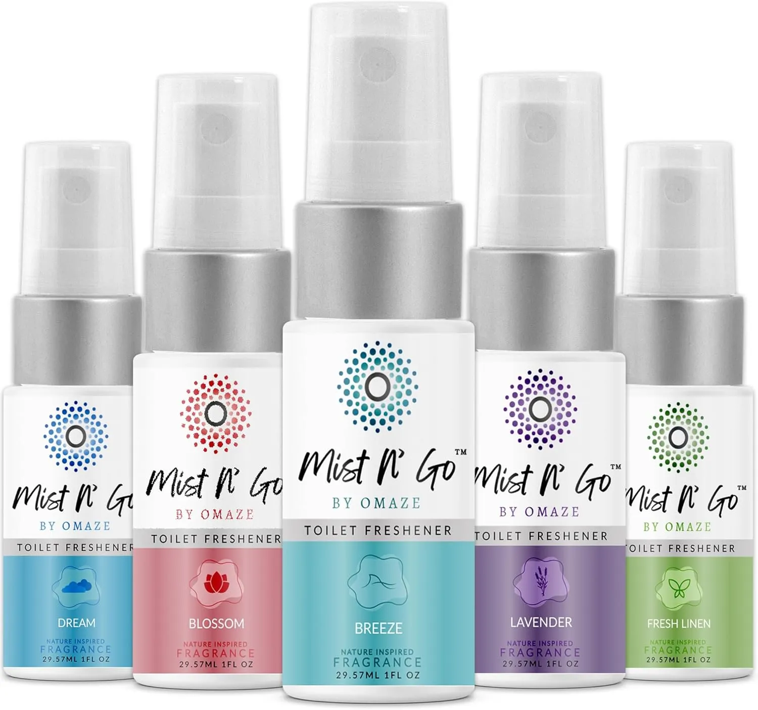 Mist N Go by Omaze Travel Bathroom Spray for Toilet Spray Odor Eliminator - Travel Toilet Spray for Bathroom Air Freshener Spray for Bathroom Deodorizer - Mix All, Travel Size (1oz x5)