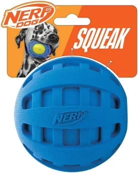 Nerf Dog Rubber Ball Dog Toy with Checkered Squeaker, Lightweight, Durable and Water Resistant, 4 Inch Diameter for Medium/Large Breeds, Single Unit, Blue