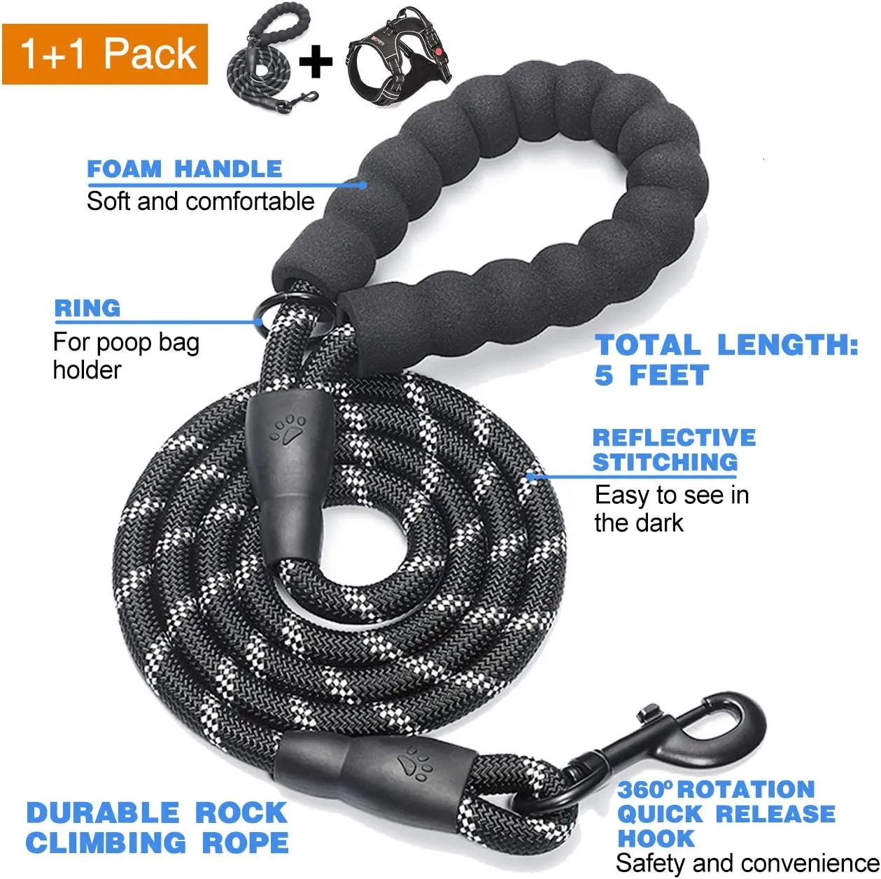 No Pull Harness with A Free Heavy Duty 5ft Leash for Medium Large Dog Adjustable Reflective Oxford Easy Control (L (Neck: 18"-25.5", Chest: 24.5"-33"), Black Harness Leash)