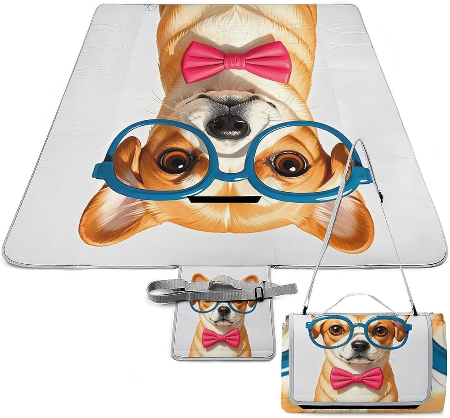 Pet Dog Soft Bow Tie, Oversized Glasses Picnic Mat, Foldable Waterproof Sand Mat with Tote Bag Large Outdoor Picnic Mats 58" X 58" Camping Blanket for Beach, Park, Travel