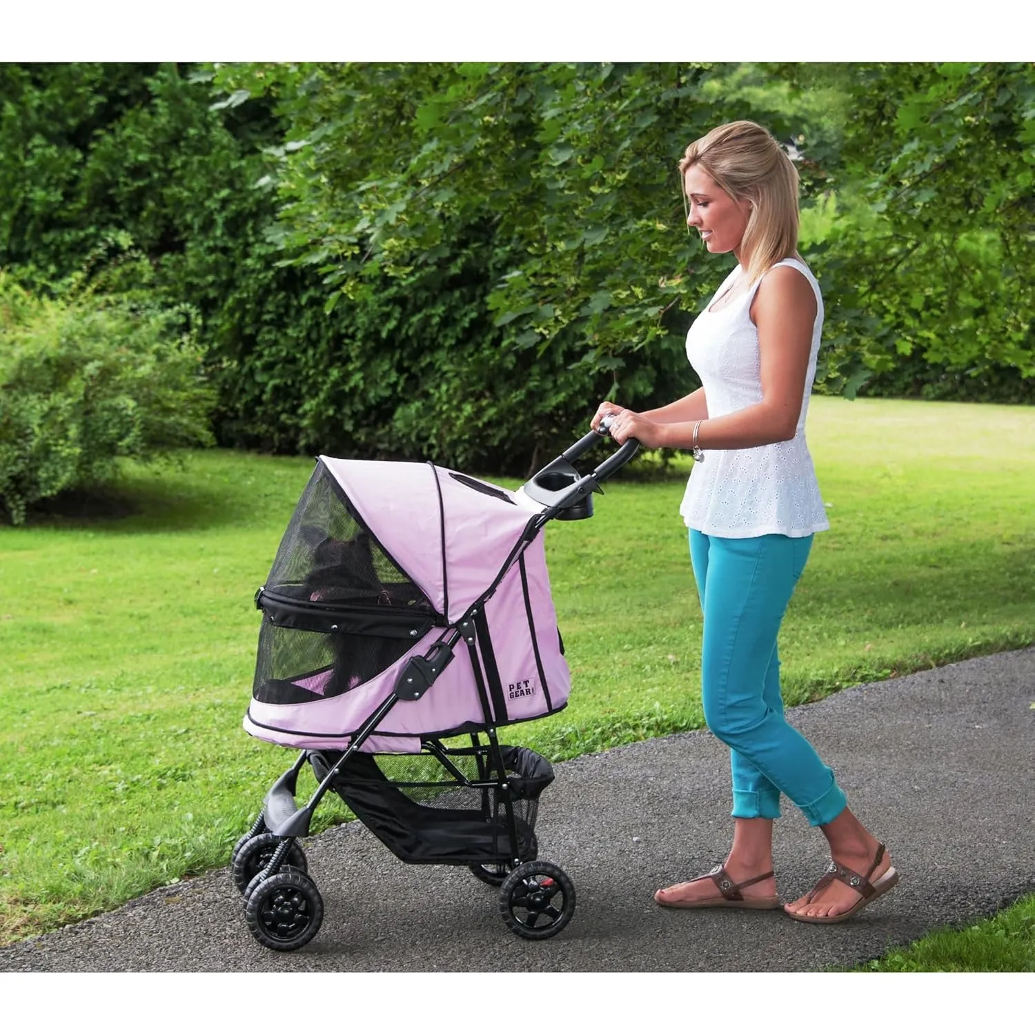 Pet Gear No-Zip Happy Trails Pet Stroller for Cats/Dogs, Zipperless Entry, Easy Fold with Removable Liner, Safety Tether, Storage Basket   Cup Holder, Blush