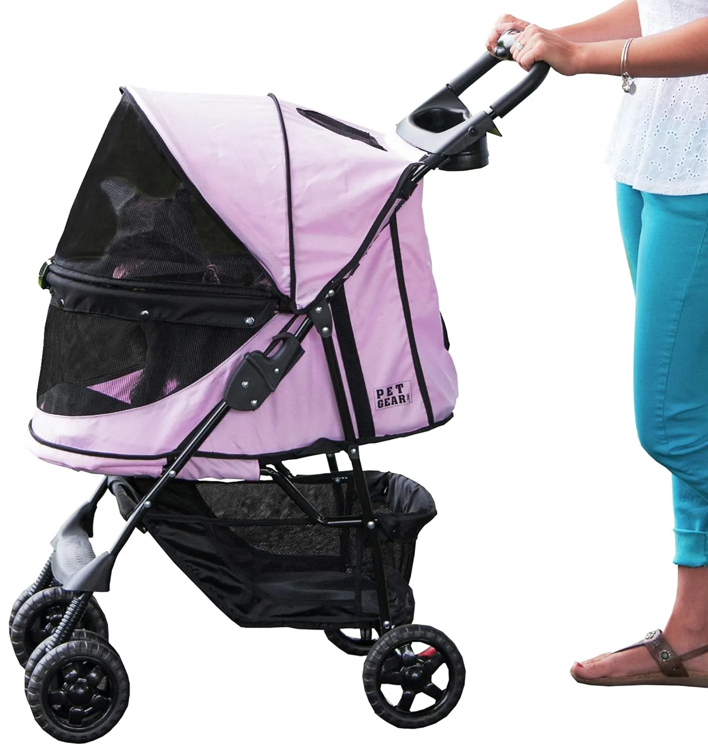 Pet Gear No-Zip Happy Trails Pet Stroller for Cats/Dogs, Zipperless Entry, Easy Fold with Removable Liner, Safety Tether, Storage Basket   Cup Holder, Blush