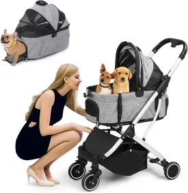 Pet Stroller for Cats and Small Dogs with Removable Carrier Liner, Zipperless Entry, Foldable 4-Wheel Cat Stroller Trolley with Safety Tether, Storage Basket, for Travel Shopping Walking