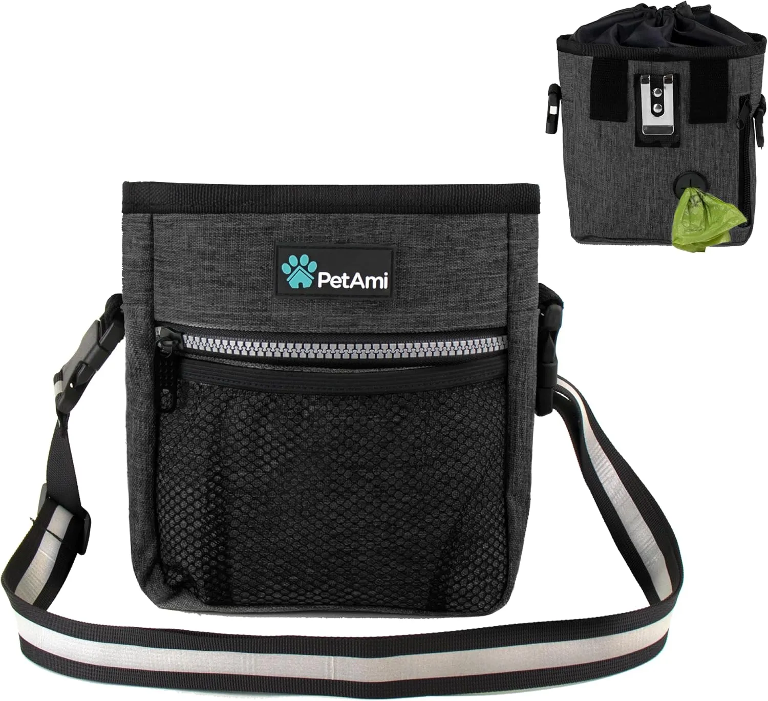 PetAmi Dog Treat Pouch, Pet Treat Pouch for Training, Dog Walking Bag Holder for Kibbles, Pet Food Toy, Dog Trainer Essentials Supplies, Poop Bag Dispenser, 3 Ways to Wear (Charcoal)