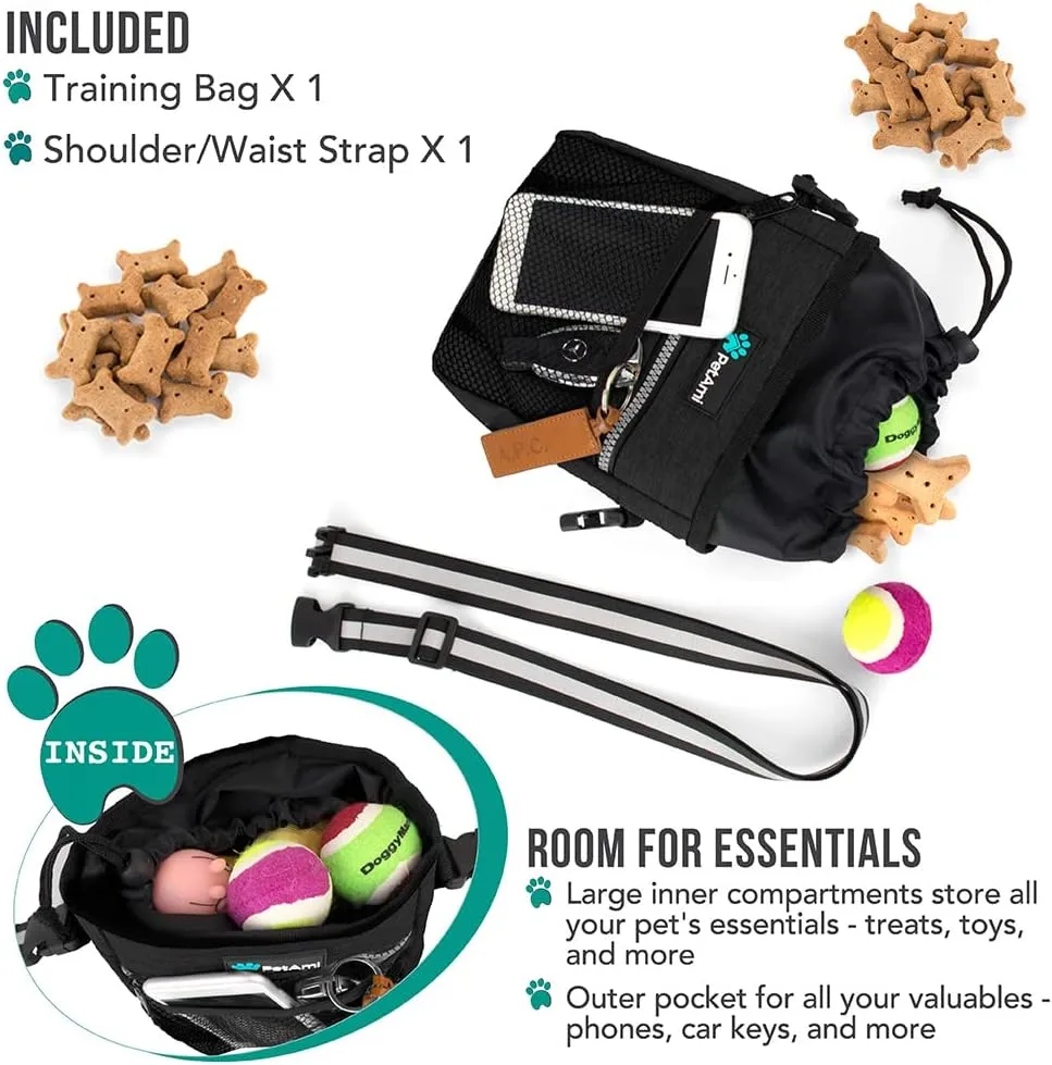 PetAmi Dog Treat Pouch, Pet Treat Pouch for Training, Dog Walking Bag Holder for Kibbles, Pet Food Toy, Dog Trainer Essentials Supplies, Poop Bag Dispenser, 3 Ways to Wear (Charcoal)
