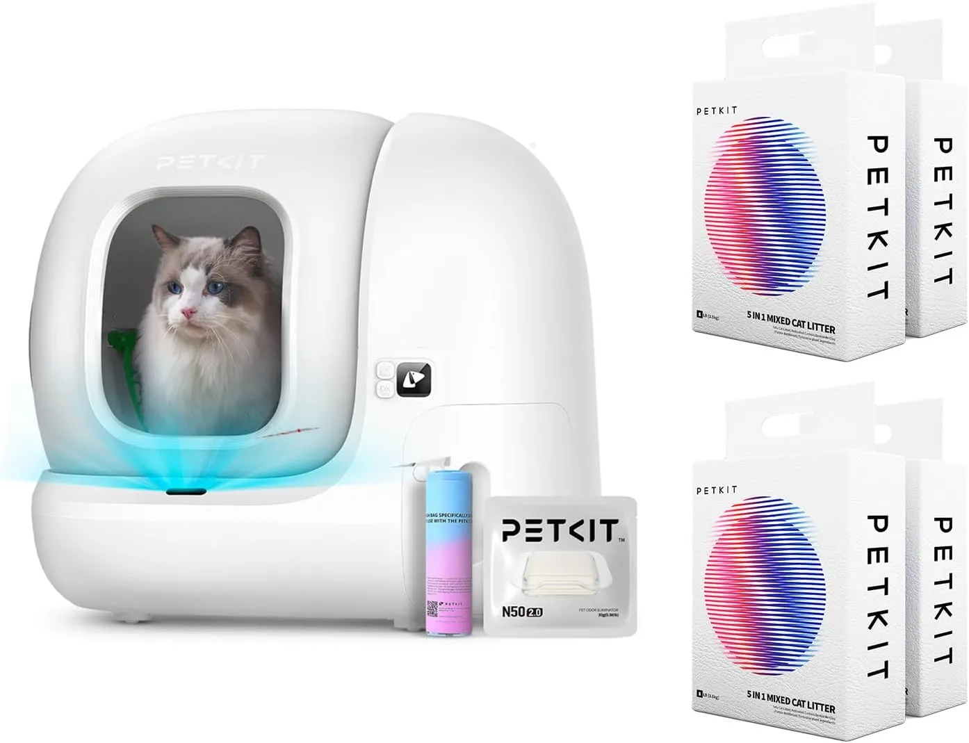 PETKIT PuraMax 2 Self-Cleaning Cat Litter Box   4 Bags Mixed Cat Litter, Automatic Litter Box with Anti-Leakage Upgrad Waterproof Litter Pad Max