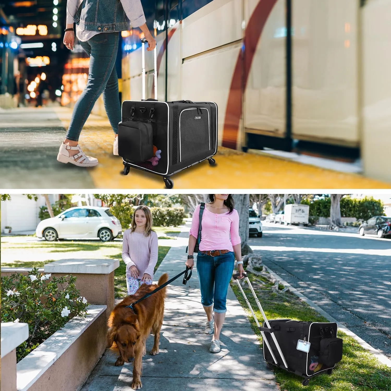 Petskd Extra Large Cat Carrier with Wheels and Litter Box 24"x17"x17" for Large Cat or 2 Small Cats, Collapsible Soft Sided Pet Carrier for Car Travel with Lockable Safety Zippers(Black)