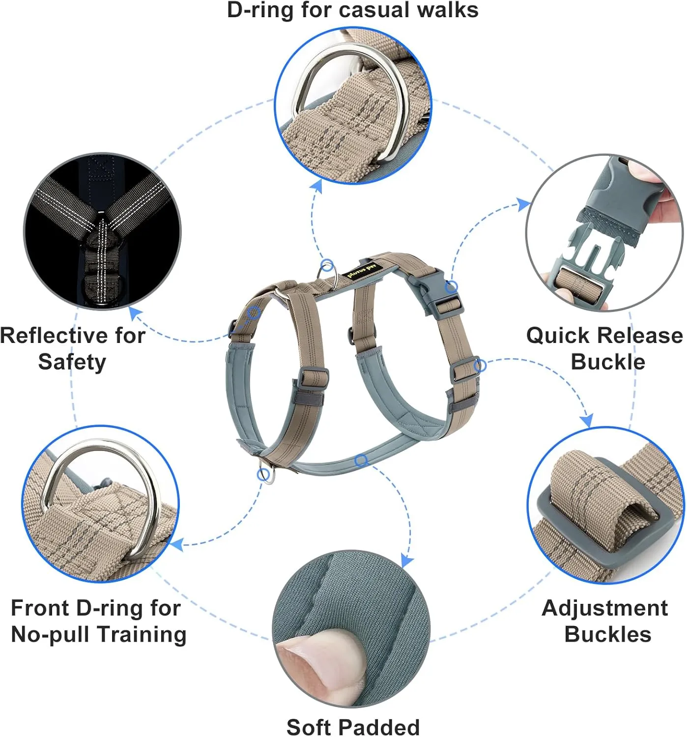 Plutus Pet No Pull Dog Harness, Adjustable Nylon Harness with Soft Padding, Reflective and Heavy Duty Dog Harness for Small, Medium, Large Dogs(Beige, L)
