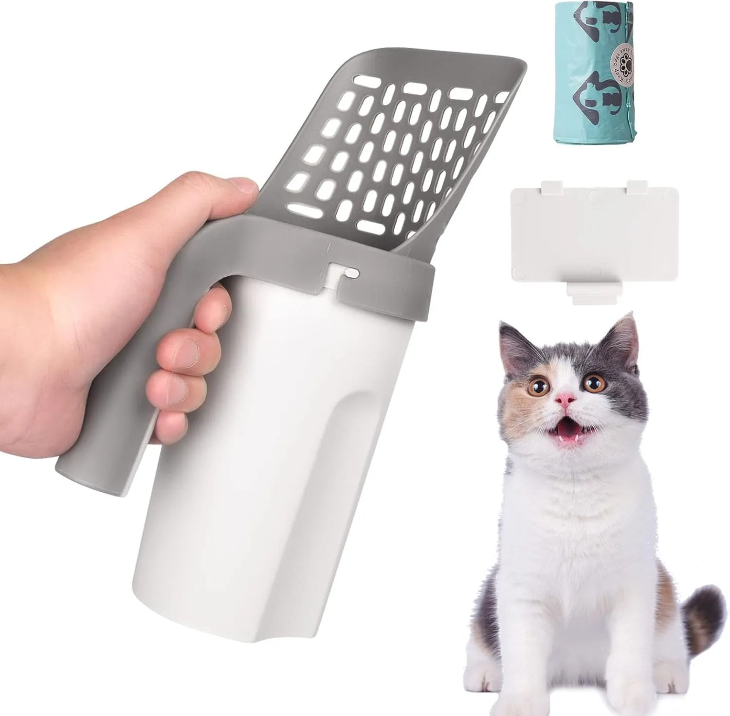 Pooper Scooper for Cat, Cat Litter Scoop with Bags, Integrated Detachable Deep Shovel Holder, Large Capacity Portable