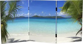 Red Lantern 2 ft. Short Double Sided Beach Canvas Folding Screen 3 Panel Freestanding Partition and Separator for Modern and Contemporary Bedroom, Home Office, Studio, Dorm, Apartment
