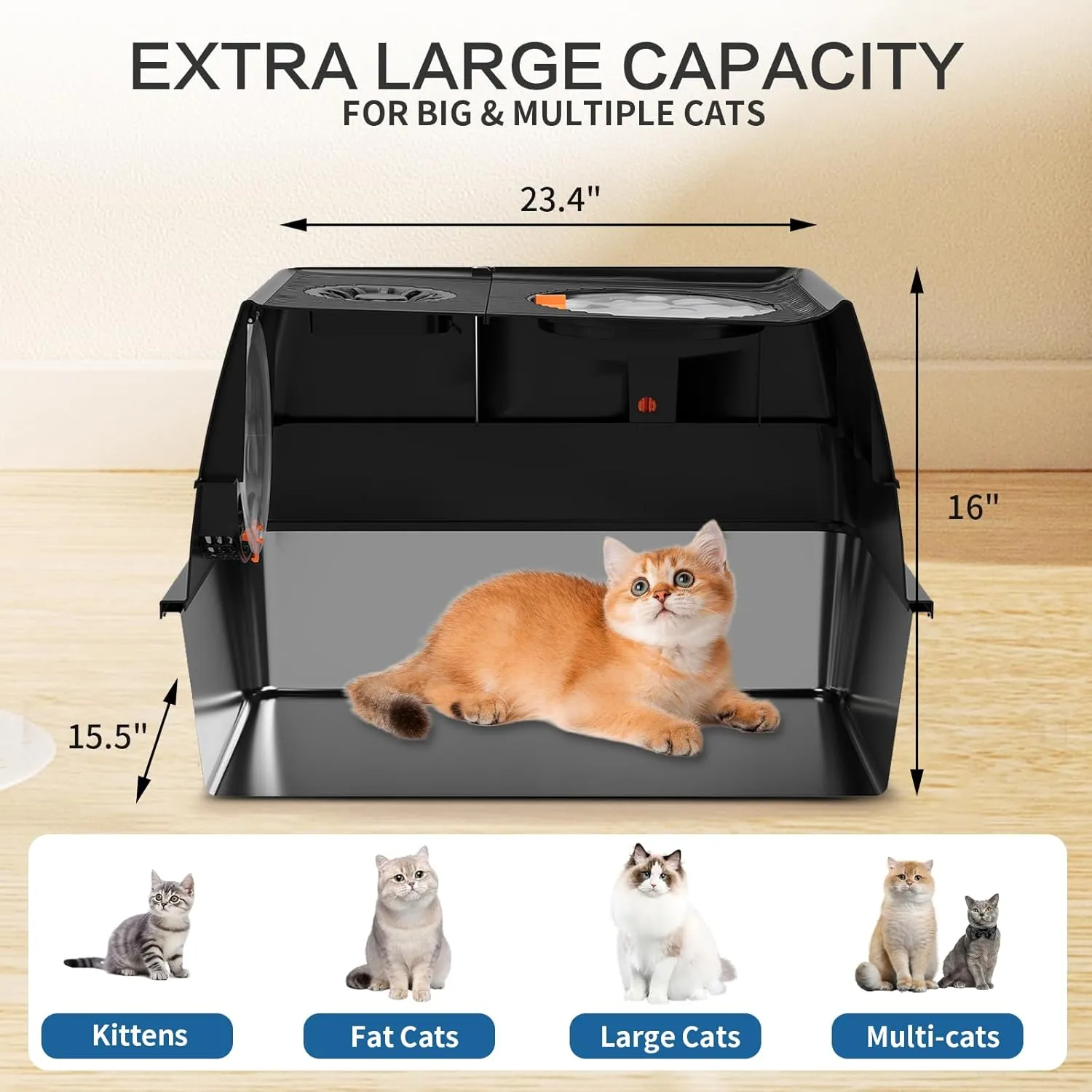Stainless Steel Cat Litter Box with Lid, XL Large Extral Enclosed Metal Litter Box with Litter Scoop&Double Layer Litter Mat,Anti-Leakage, Easy Cleaning(Black)