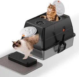 Stainless Steel Cat Litter Box with Lid, XL Large Extral Enclosed Metal Litter Box with Litter Scoop&Double Layer Litter Mat,Anti-Leakage, Easy Cleaning(Black)