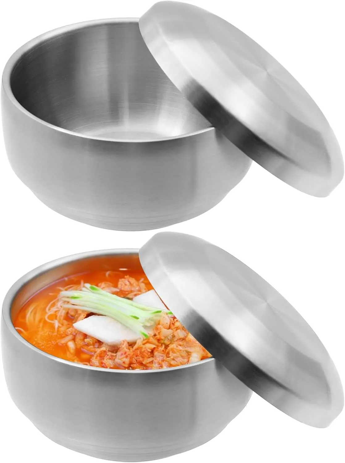 Stainless Steel Rice Bowl with Lid, Double Layer Anti Scalding Bowl, Insulated Soup Bowls Snacks Bowls for Rice, Sauces, Noodles, Ice Cream, Cereal (5in)
